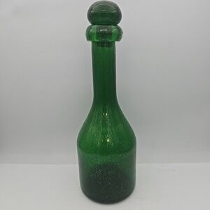 Green‎ Crackle Glass Decanter With Round Stopper 11" MCM Bottle Ex Cond Blenko?
